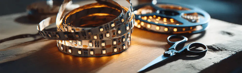 LED-Streifen liegen neben einer Schere